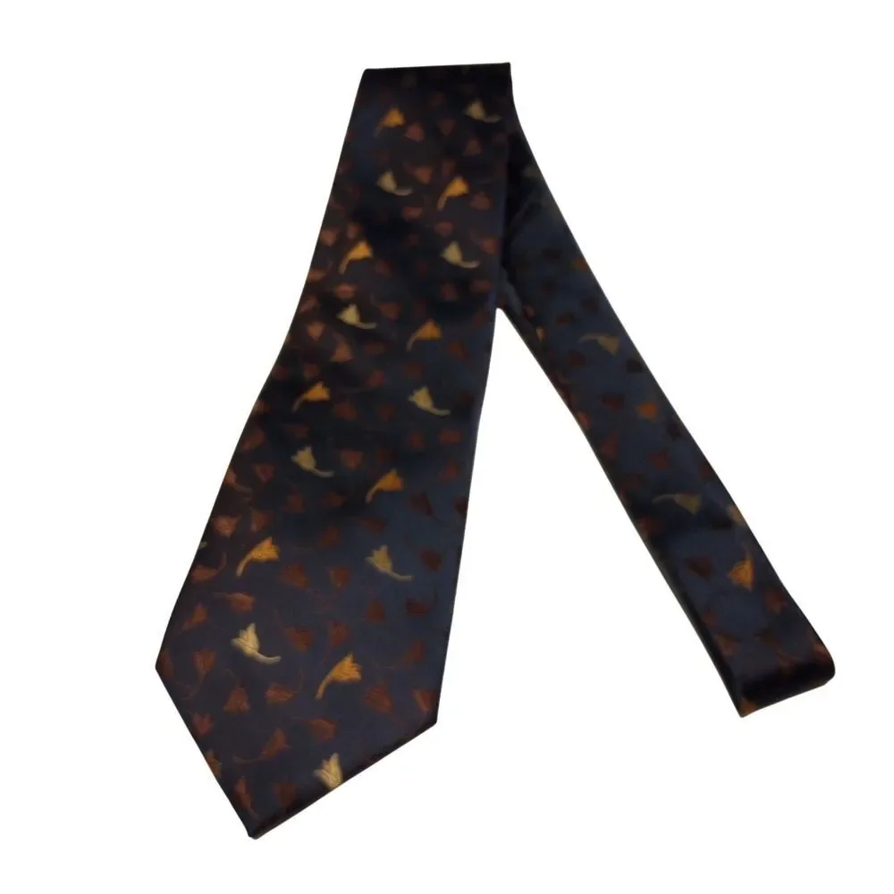 Robin Ruth Mens‎ Navy Blue Gold Tulip Floral Pattern Jacquard Satin Necktie Tie